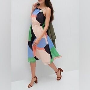 NWT Banana Republic KALEIDOSCOPE MIDI DRESS Pink Blue Green sz XS